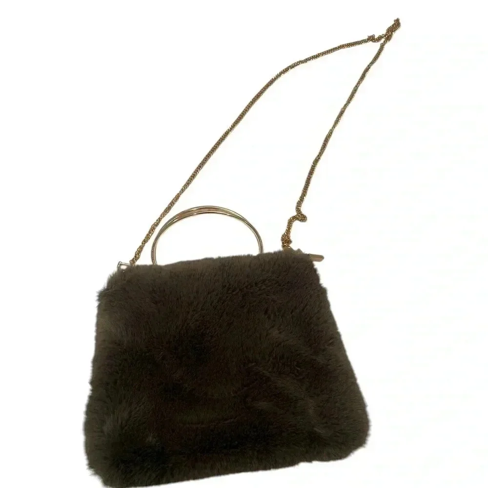 Alessia Massimo Chloe Faux Fur Ring Handle Convertible Crossbody Dark Green bag